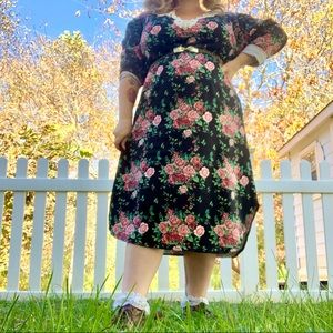 vintage 80s black rose print midi shift dress XL/XXL